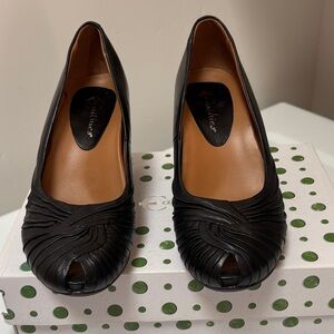 Earthies Black Woven Leather Peep-Toe Pumps